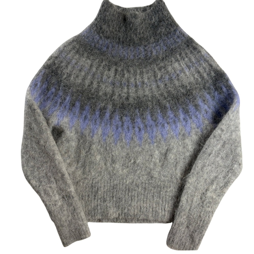 Banana Republic Petite S Alpaca Fair Isle Funnel Neck Sweater Gray Purple Fuzzy